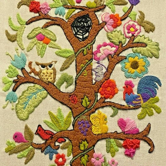 1973 Erica Wilson's Ecology Tree Embroidered Framed Wall Art No 7334 - Picture 6 of 8